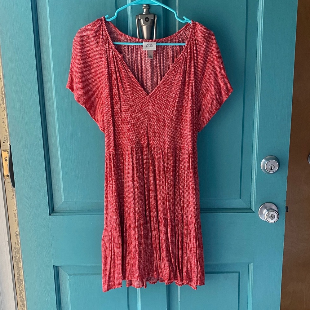 Knox Rose Coral-Red Tiered V-Neck Mini Dress